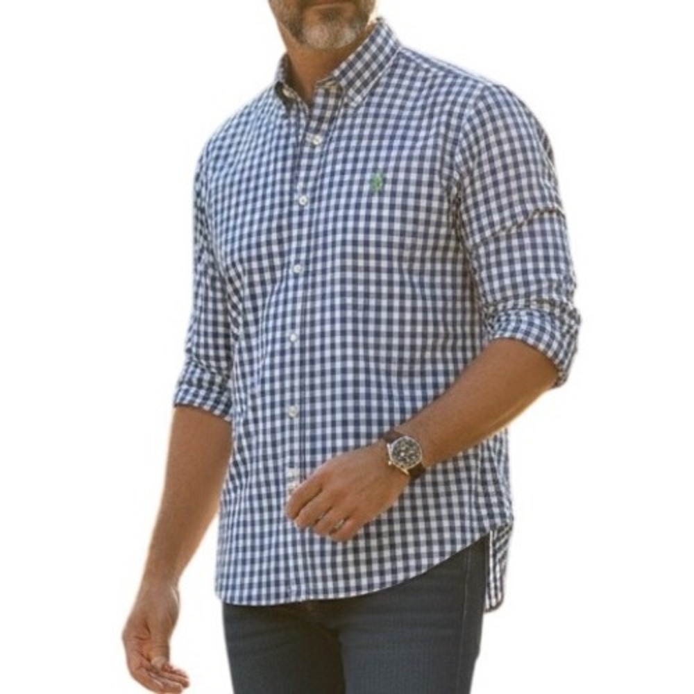 Polo Ralph Lauren Shirt Mens Large Blue Gingham Non-Iron Slim Fit Excellent Logo
